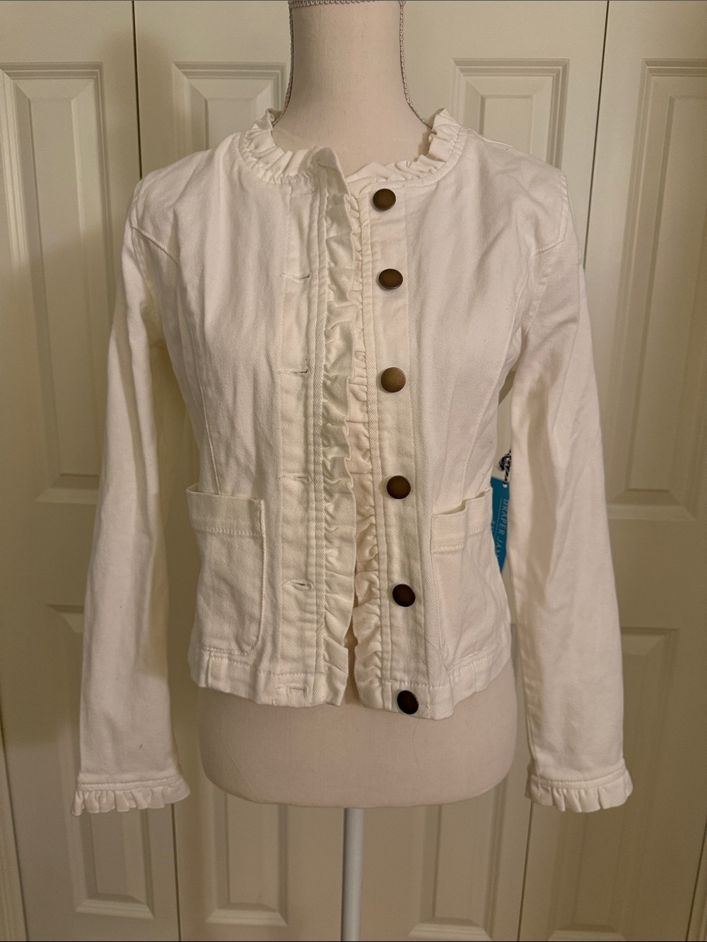 Ruffle Trim White Denim Jacket
